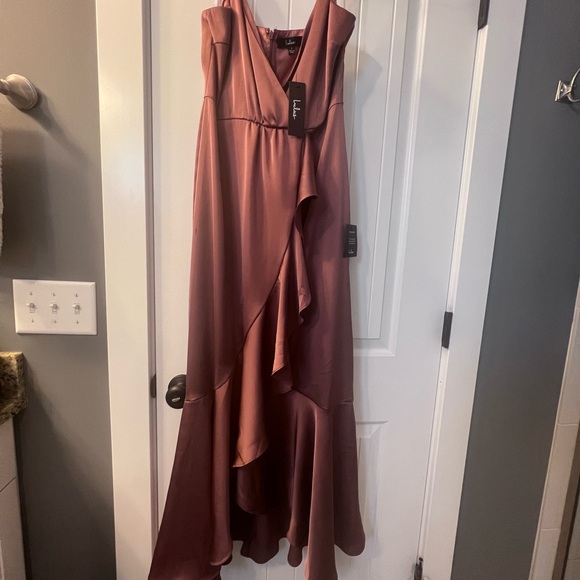 Lulu’s Mauve Satin Ruffle High-Low Dress - Picture 3 of 4